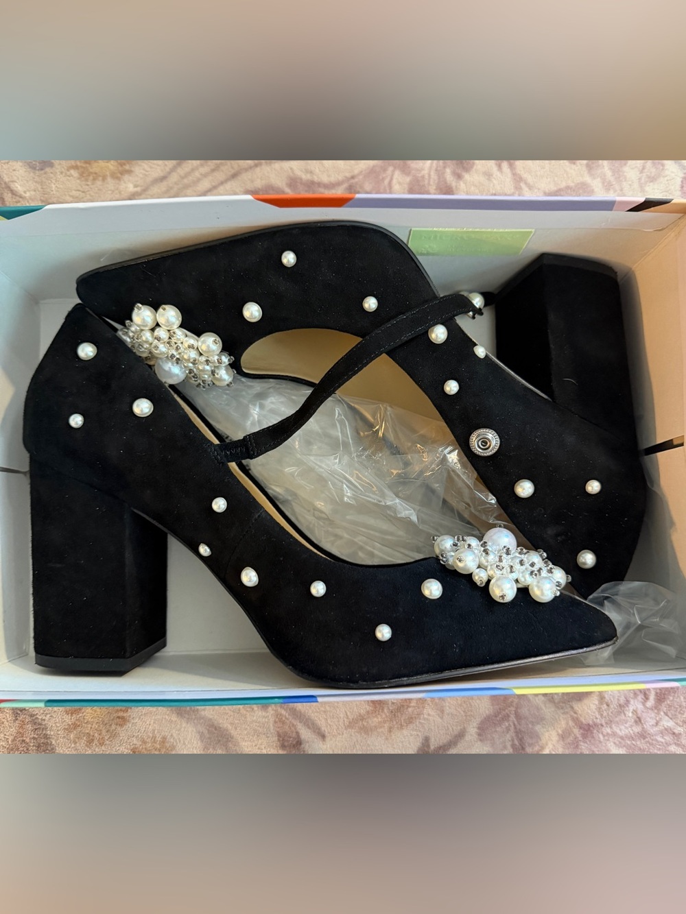 Katy Perry “The Sadie” Black Pearl-Embellished Mary Jane Heels